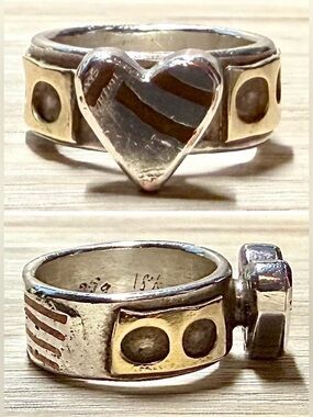 Vintage Designer Hallmarked Handmade .999 Silver & 18K Gold Heart Pinky Ring